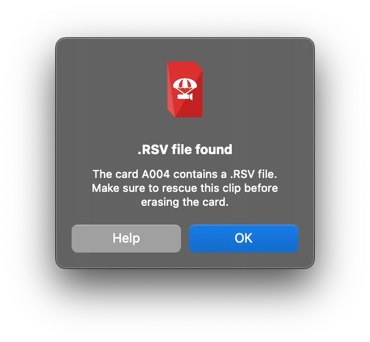 Finder alert from o/PARASHOOT listing unfinished .RSV clips on the volume